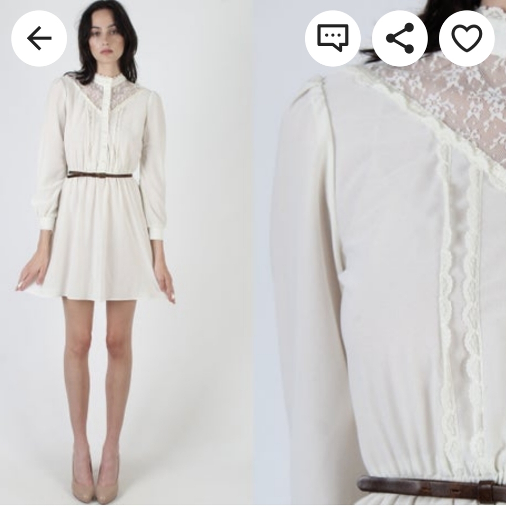 Vintage 70s Sheer Ivory Floral Lace Mini Tuxedo Dress